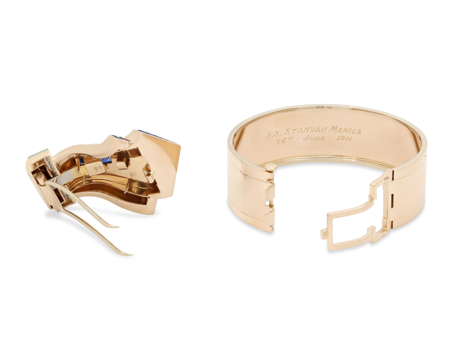 Retro Sapphire and Diamond Bangle and Brooch in 14K Rose Gold