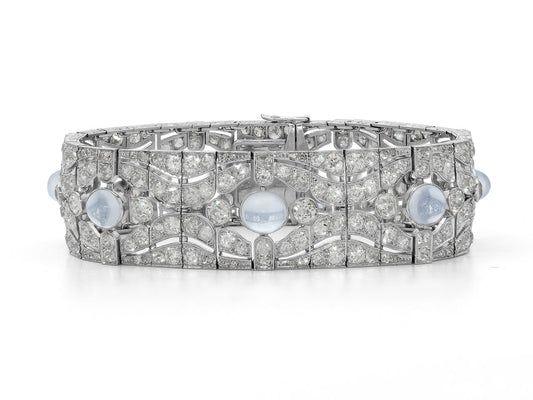 Antique Edwardian Moonstone and Diamond Bracelet in Platinum, French