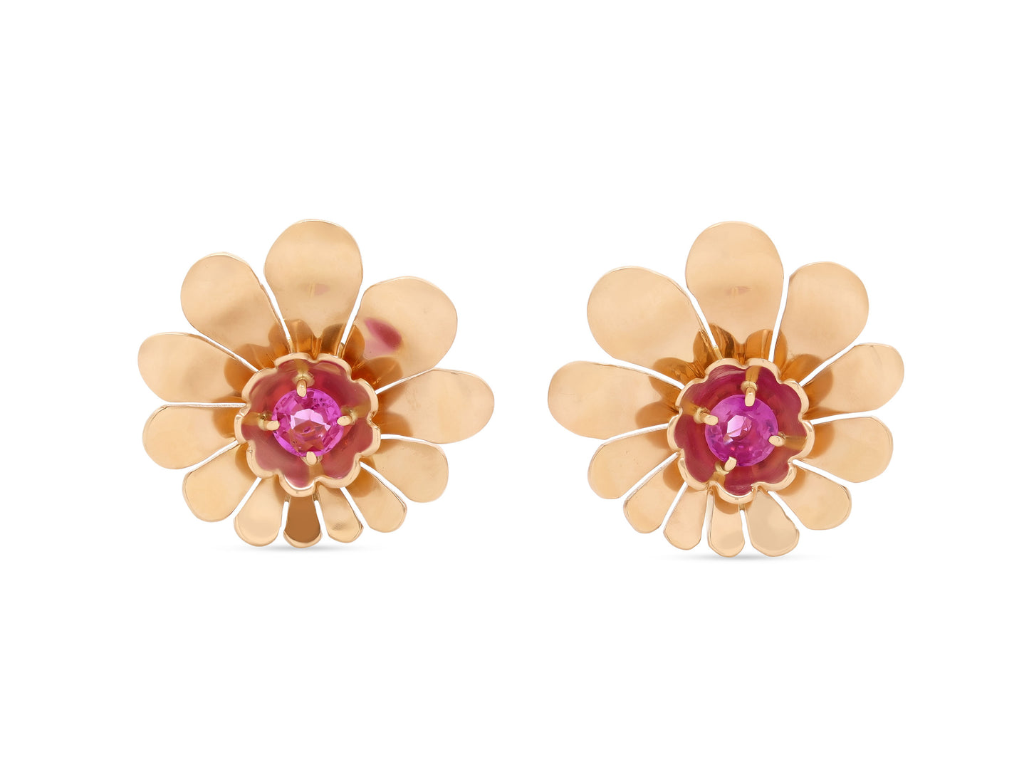 Retro Pink Sapphire Flower Earrings in 14K Gold