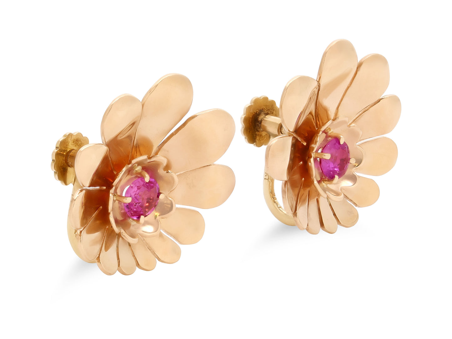 Retro Pink Sapphire Flower Earrings in 14K Gold