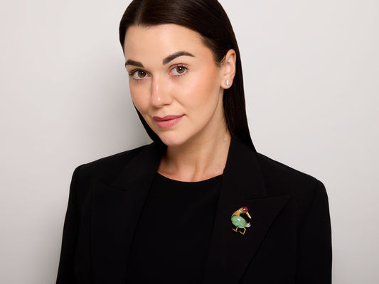 Mid-Century Emerald, Ruby and Diamond Duck Brooch in 18K Gold, French