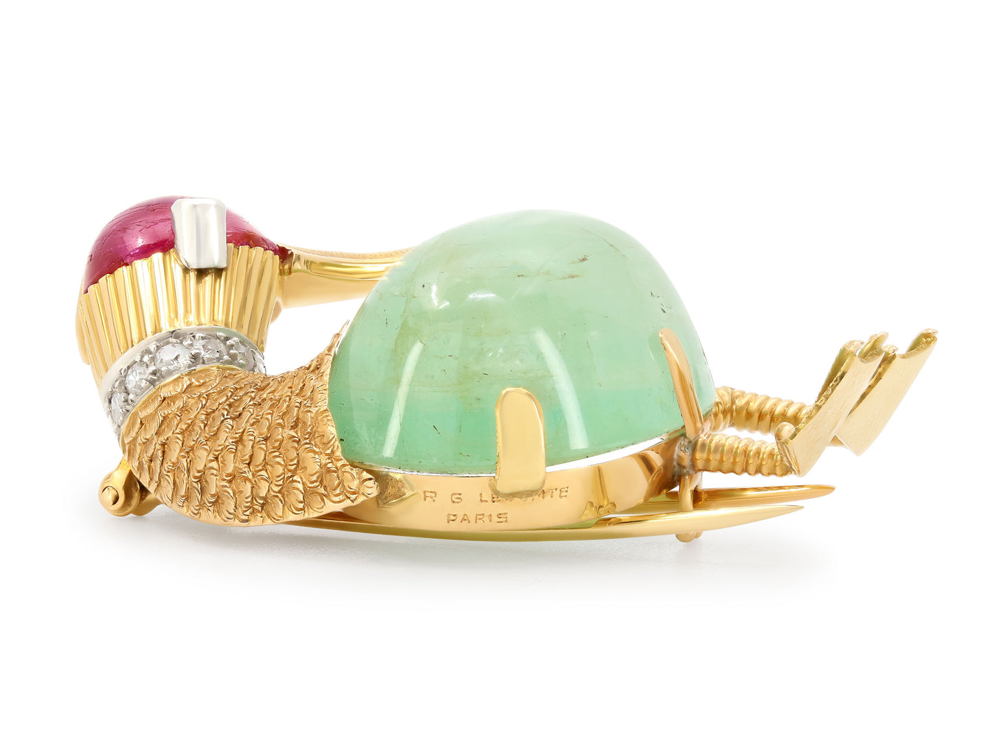 Mid-Century Emerald, Ruby and Diamond Duck Brooch in 18K Gold, French