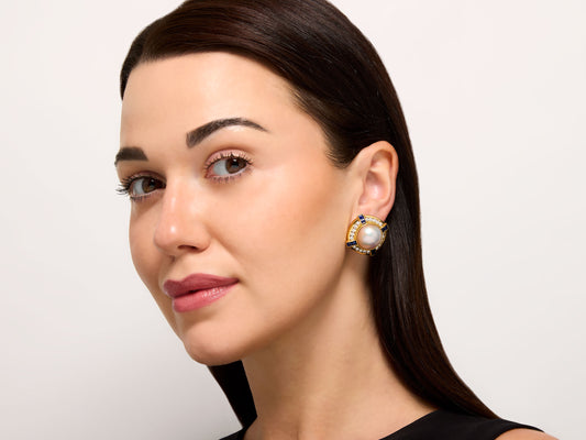 Mabe Pearl, Diamond and Sapphire Earrings in 18K Gold