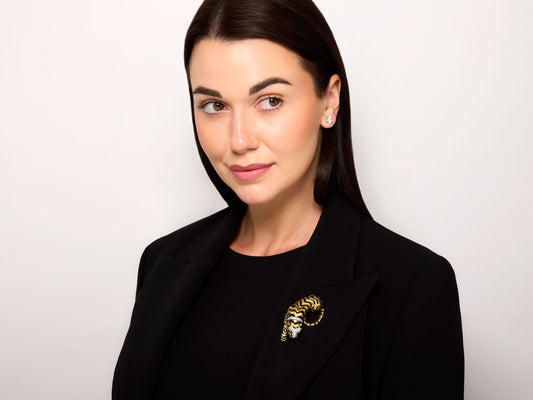 David Webb Tiger Brooch in Black Enamel, Diamond, Emerald and 18K Gold