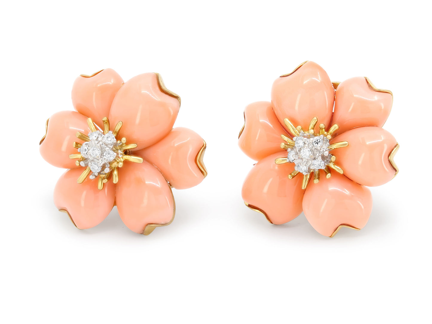 Coral and Diamond Flower Earrings in 18K Gold