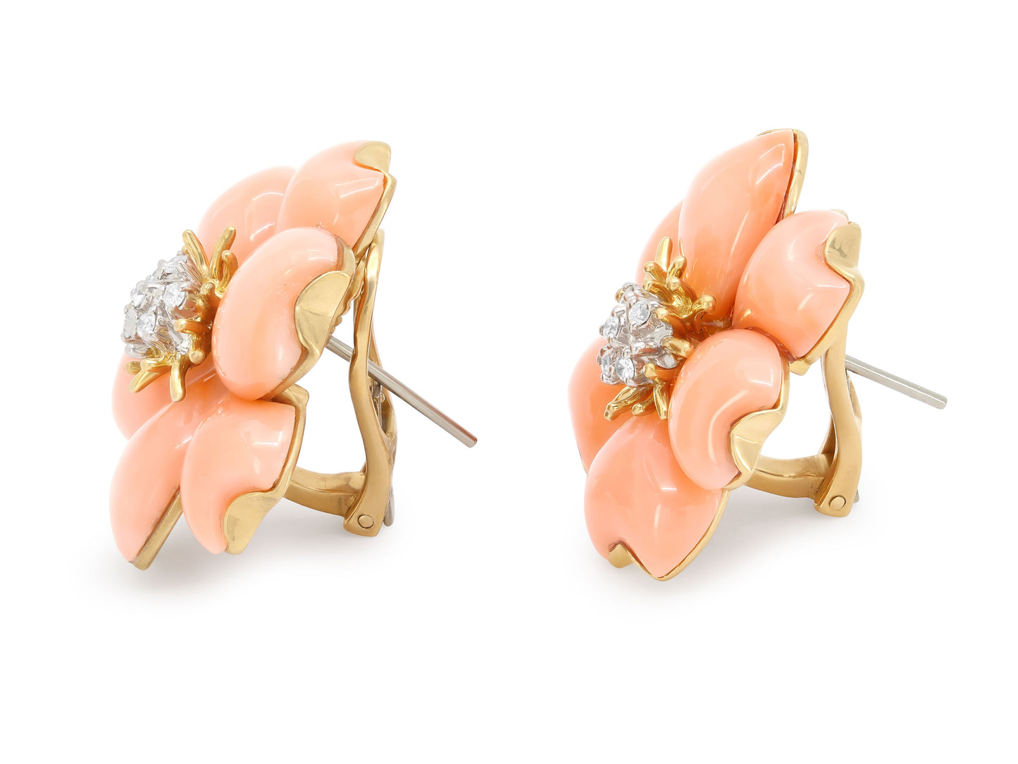Coral and Diamond Flower Earrings in 18K Gold