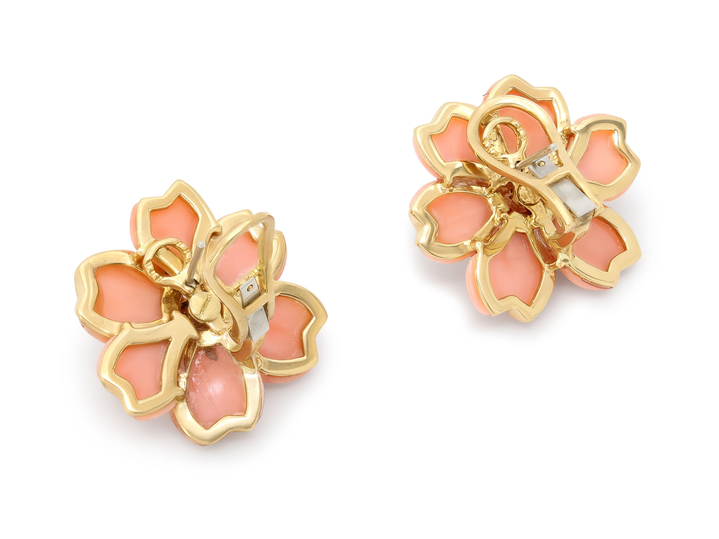 Coral and Diamond Flower Earrings in 18K Gold