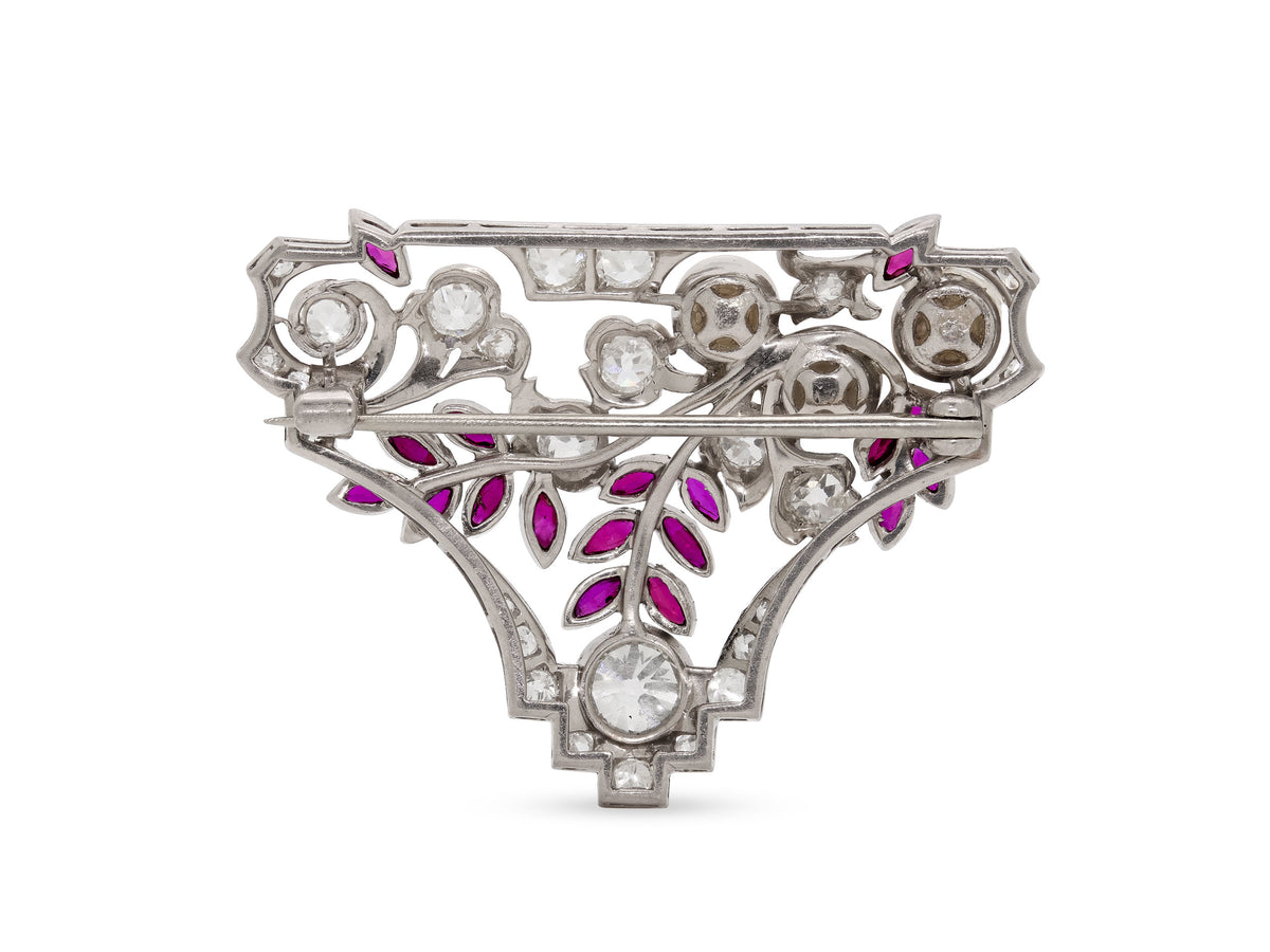 Art Deco Pearl, Diamond and Ruby Brooch in Platinum