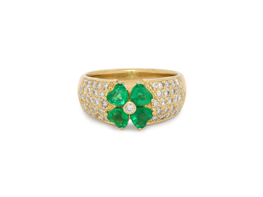 Emerald and Diamond Clover Ring 18K Gold