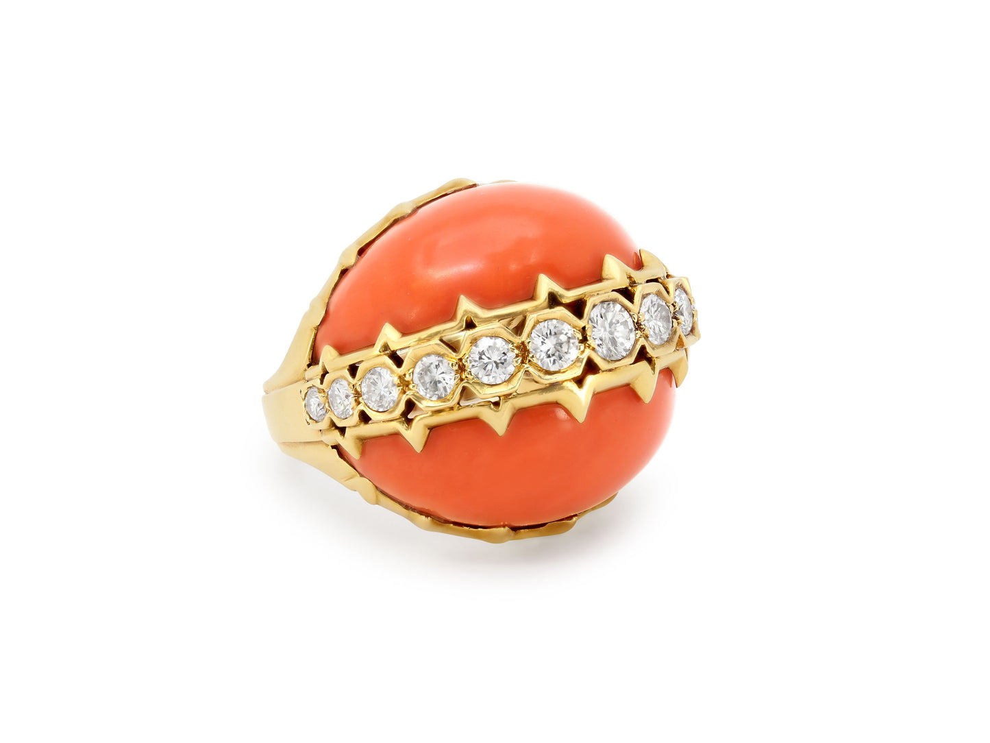 Diamond and Coral Ring in 18K Gold