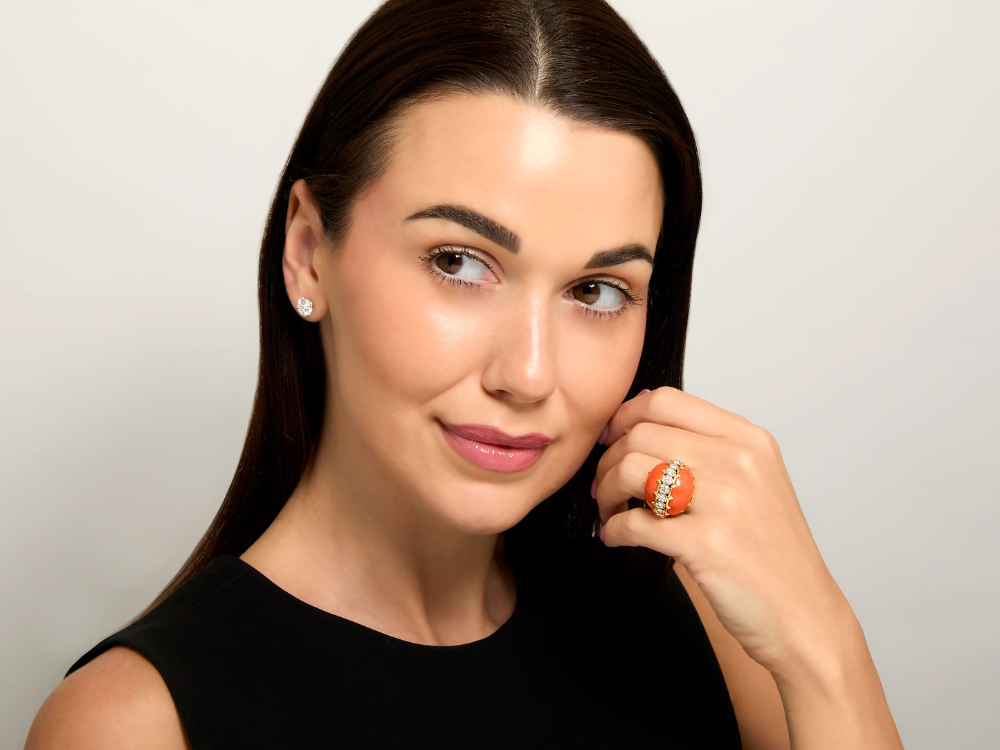 Diamond and Coral Ring in 18K Gold