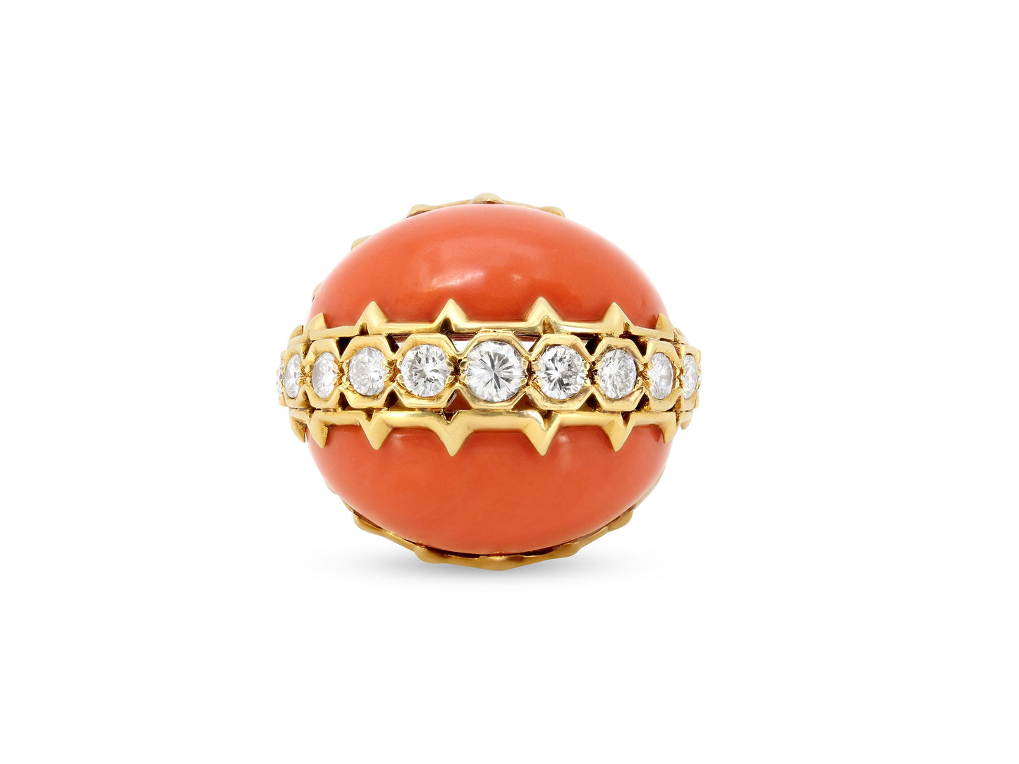 Diamond and Coral Ring in 18K Gold