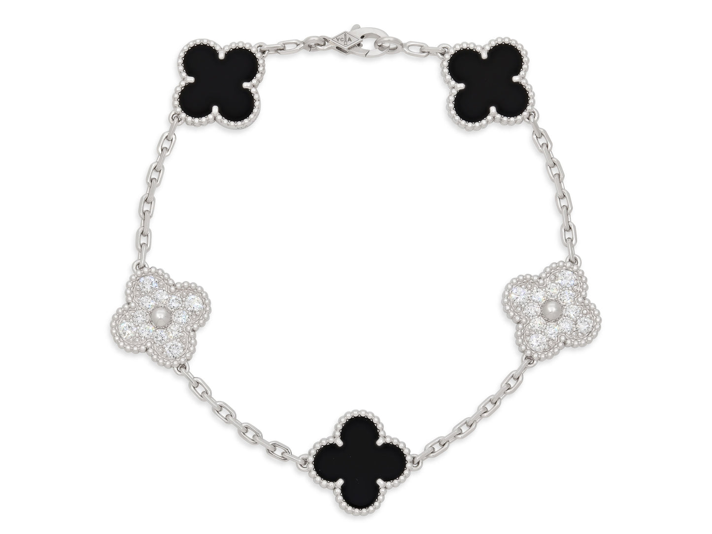 Van Cleef & Arpels 'Vintage Alhambra' Diamond and Onyx Bracelet, 5 Motifs, in 18K White Gold
