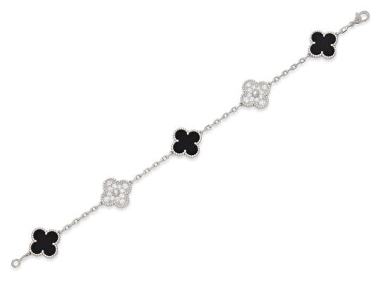 Van Cleef & Arpels 'Vintage Alhambra' Diamond and Onyx Bracelet, 5 Motifs, in 18K White Gold