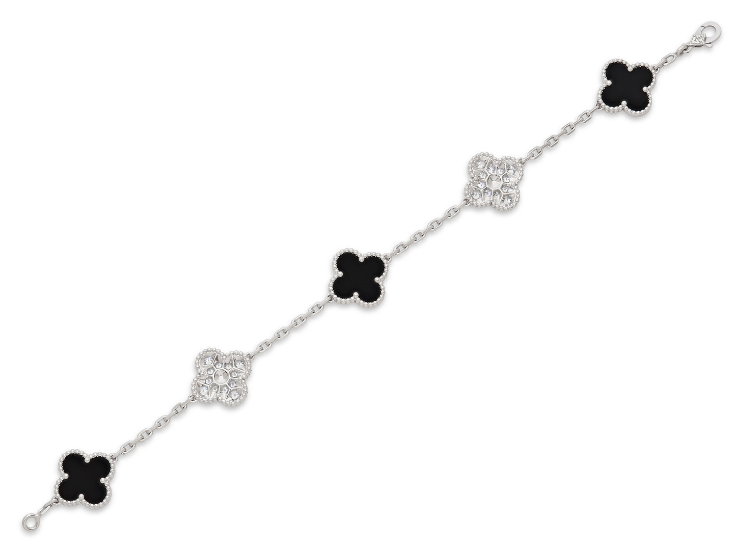 Van Cleef & Arpels 'Vintage Alhambra' Diamond and Onyx Bracelet, 5 Motifs, in 18K White Gold