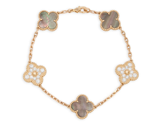 Van Cleef & Arpels 'Vintage Alhambra' Diamond and Mother-Of-Pearl Bracelet, 5 Motifs, in 18K Rose Gold