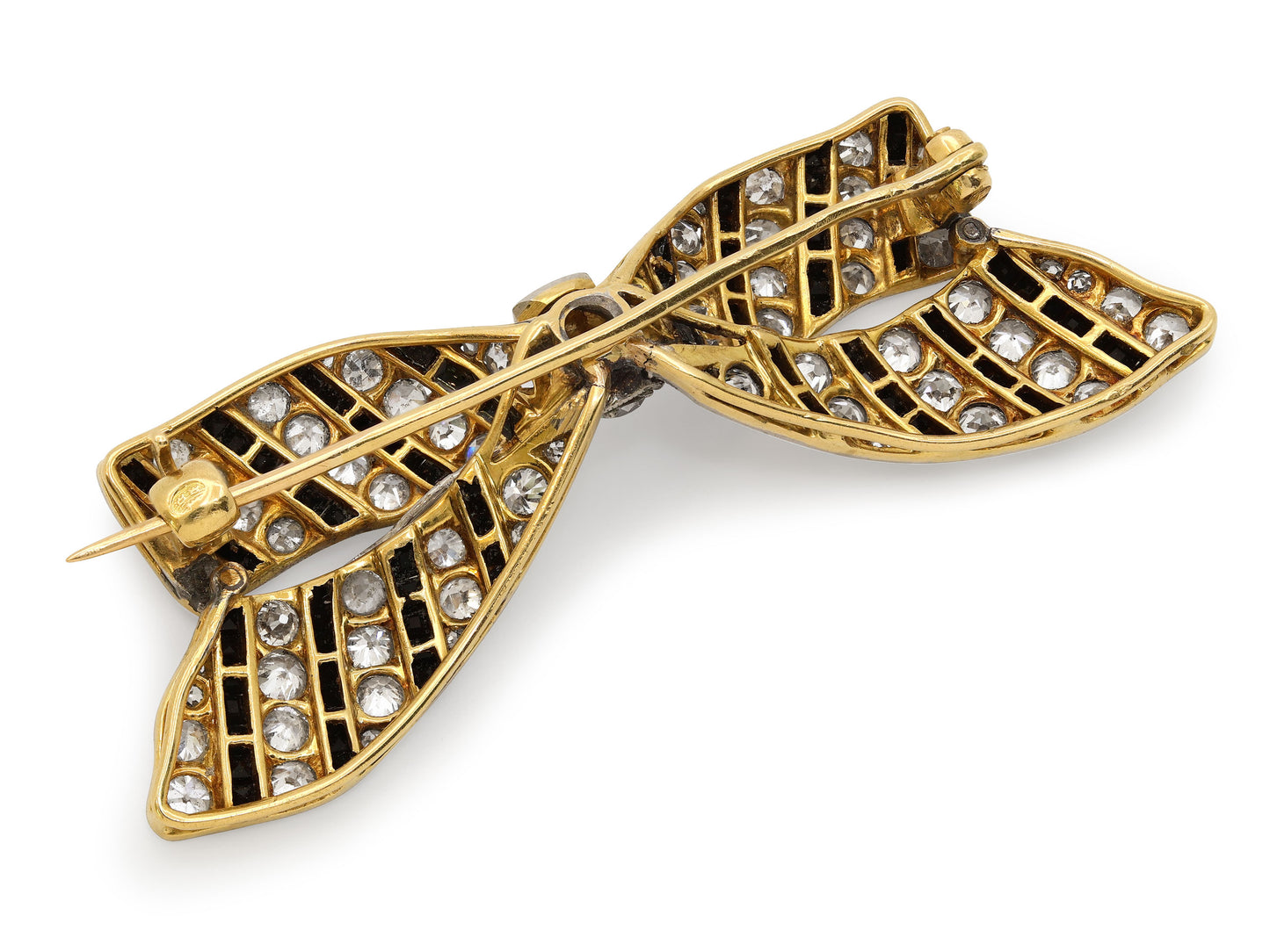 Antique Edwardian Diamond and Onyx Bow Brooch in Platinum over 18K Gold