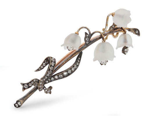 Antique Victorian Russian Diamond and Moonstone Lily of the Valley Brooch in Silver over Gold