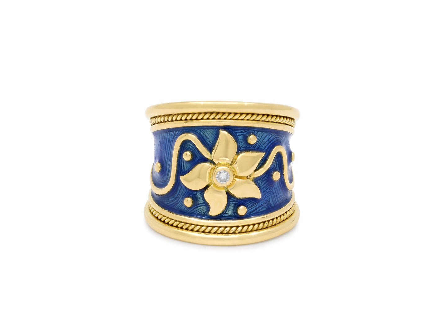 Elizabeth Gage Diamond and Enamel Ring in 18K Gold