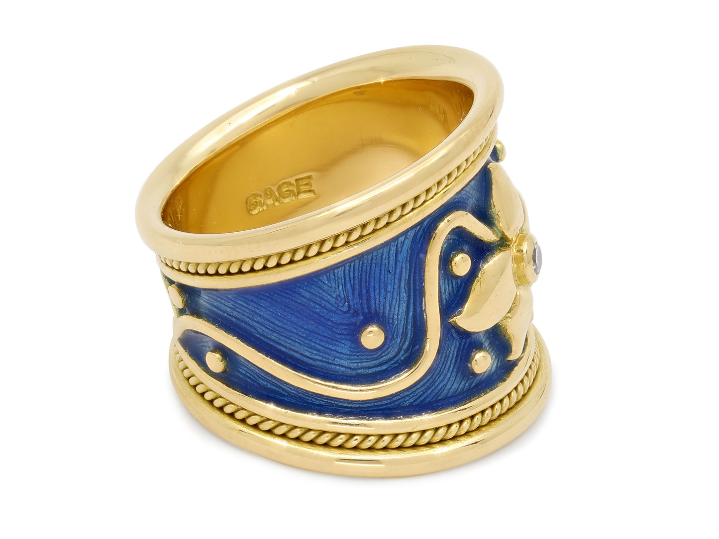 Elizabeth Gage Diamond and Enamel Ring in 18K Gold