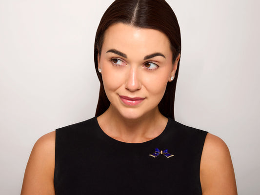 Art Deco Diamond and Enamel Bow Pin in 14K Gold
