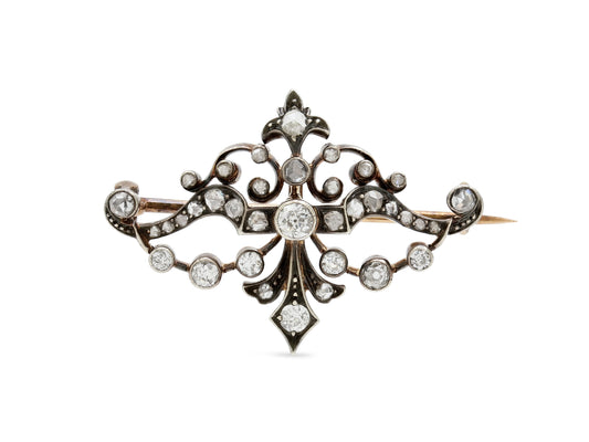 Antique Victorian Diamond Brooch in Silver over Gold, French