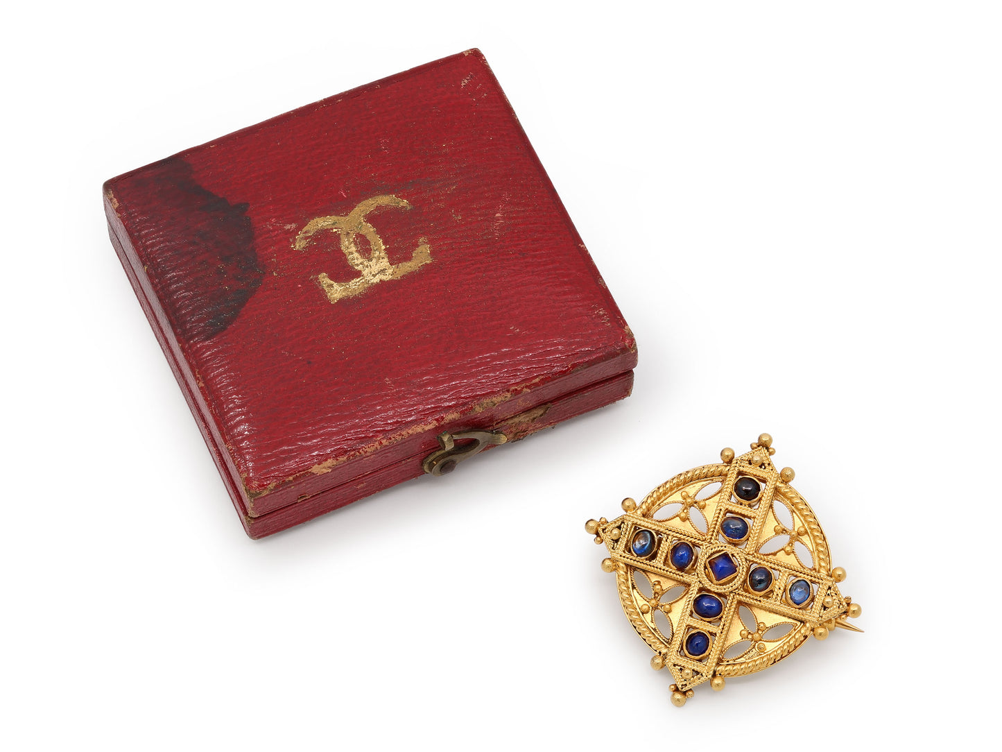 Antique Victorian Castellani Sapphire Cross Brooch in 18K Gold