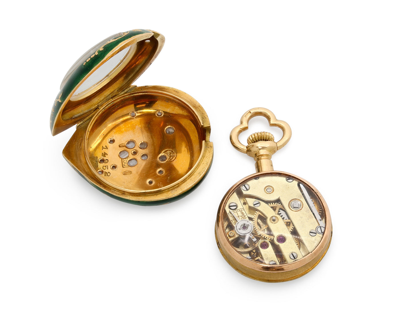 Mid-Century Diamond and Enamel Heart Pocket Watch in 18K Gold