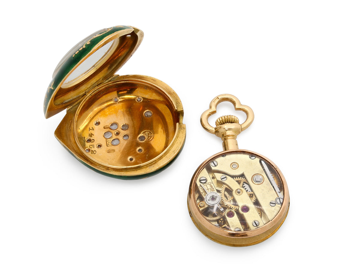 Mid-Century Diamond and Enamel Heart Pocket Watch in 18K Gold