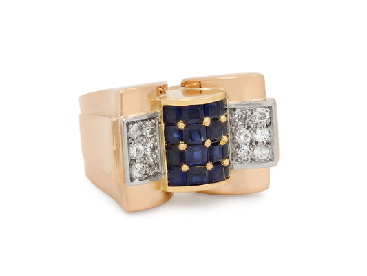 Retro Sapphire and Diamond Tank Ring in 14K Gold