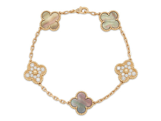 Van Cleef & Arpels 'Vintage Alhambra' Diamond and Mother-Of-Pearl Bracelet, 5 Motifs, in 18K Rose Gold