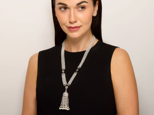 Diamond and Seed Pearl Tassel Necklace in Platinum