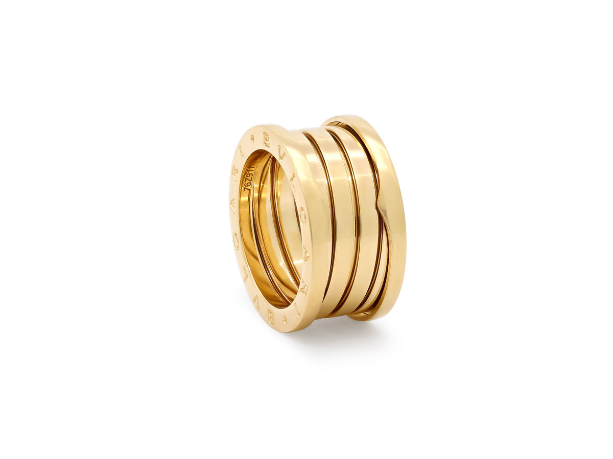 Bulgari 'B.zero1' Ring in 18K Gold, wide yellow gold band with layered B.zero1 motif and engraved sides, by Beladora