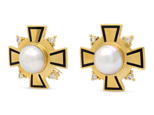 Pair of Elizabeth Gage Diamond and Mabe Pearl Cross Brooches in 18K Gold