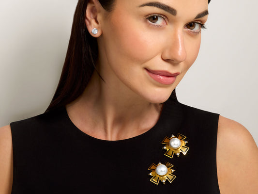 Pair of Elizabeth Gage Diamond and Mabe Pearl Cross Brooches in 18K Gold