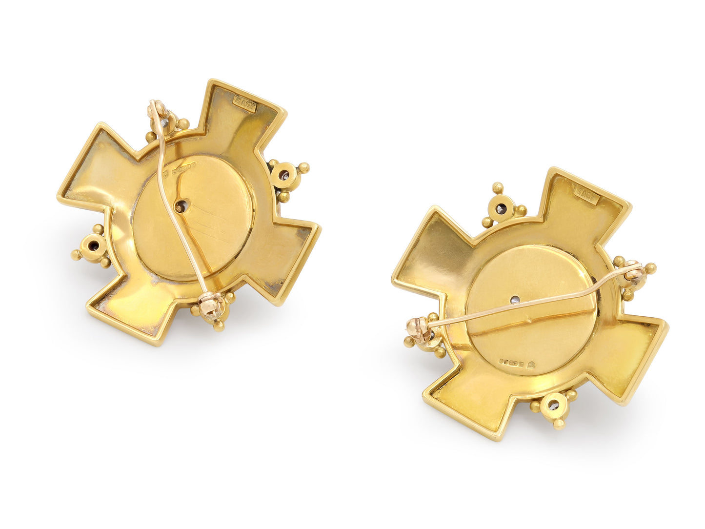 Pair of Elizabeth Gage Diamond and Mabe Pearl Cross Brooches in 18K Gold