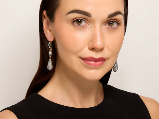 Antique Victorian Diamond and Natural Pearl Drop Earrings in Silver Over Gold