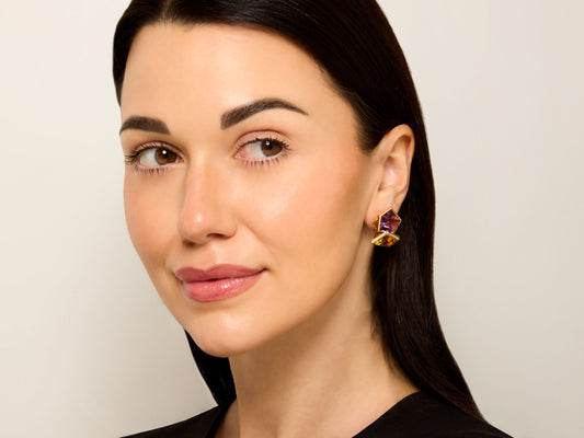 Geometric Amethyst and Citrine Earrings in 18K Gold