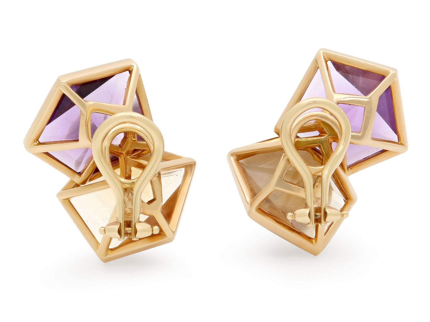 Geometric Amethyst and Citrine Earrings in 18K Gold