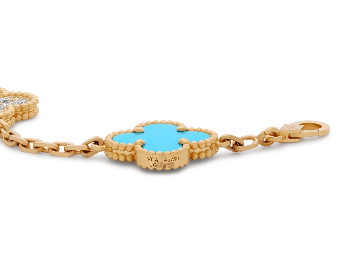 Van Cleef & Arpels 'Vintage Alhambra' Turquoise and Diamond Bracelet, 5 Motifs, in 18K Gold, shown in yellow gold with turquoise and diamond motifs. Beladora Diamond Archive