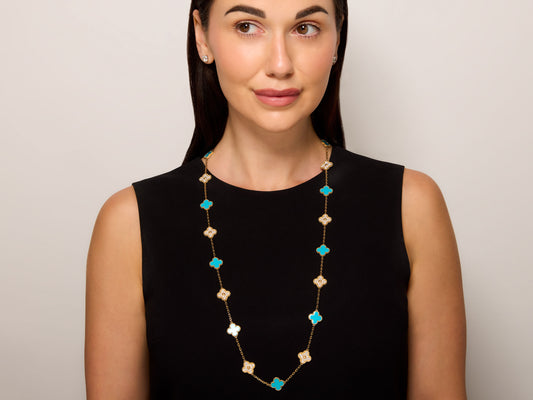 Van Cleef & Arpels 'Vintage Alhambra' Turquoise and Diamond Necklace, 20 Motifs in 18K Gold