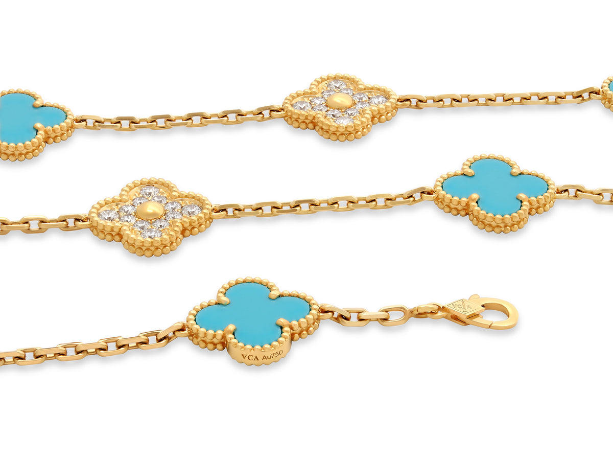 Van Cleef & Arpels 'Vintage Alhambra' Turquoise and Diamond Necklace, 20 Motifs in 18K Gold