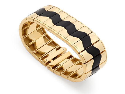 Inlaid Onyx Bracelet in 18K Gold by Beladora with twenty two rectangular links, undulating black onyx inlays, and high polish yellow gold finish