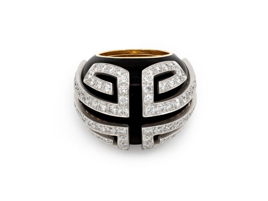 David Webb 'Scroll' Diamond and Enamel Ring in 18K Gold with black enamel dome, diamond-set platinum scrolls, and yellow gold band, Beladora