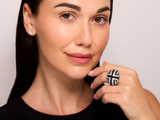 David Webb 'Scroll' Diamond and Enamel Ring in 18K Gold