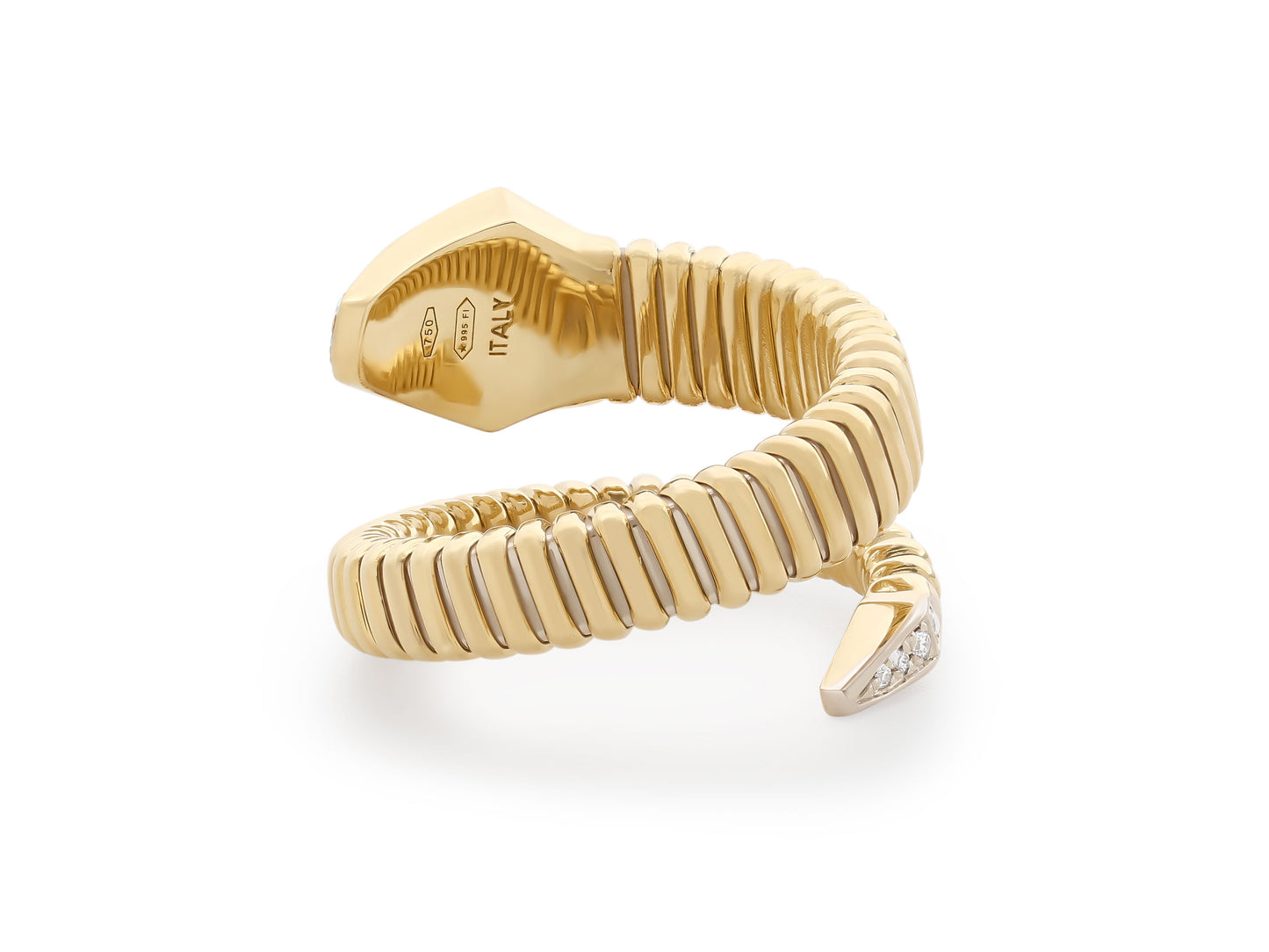 Viper Snake Diamond Ring in 18k Gold, by Beladora, coiled bypass ring with a pave set diamond snake head in yellow gold