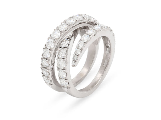 Interlacing Diamond Line Ring in 18K White Gold by Beladora, featuring three overlapping graduating diamond lines prong-set in high polish white gold
