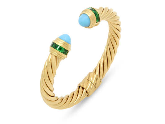 David Yurman 'Cablespira' Turquoise and Tsavorite Bracelet in 18K Gold