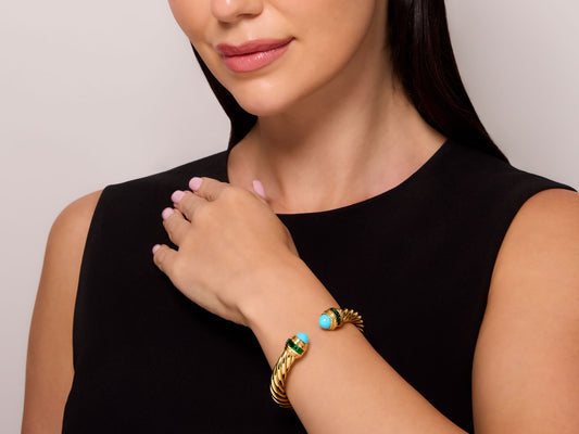 David Yurman 'Cablespira' Turquoise and Tsavorite Bracelet in 18K Gold
