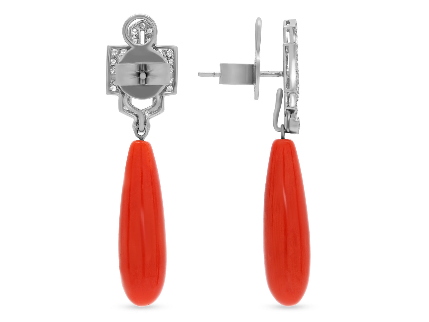 Coral and Diamond Earrings in 18K White Gold